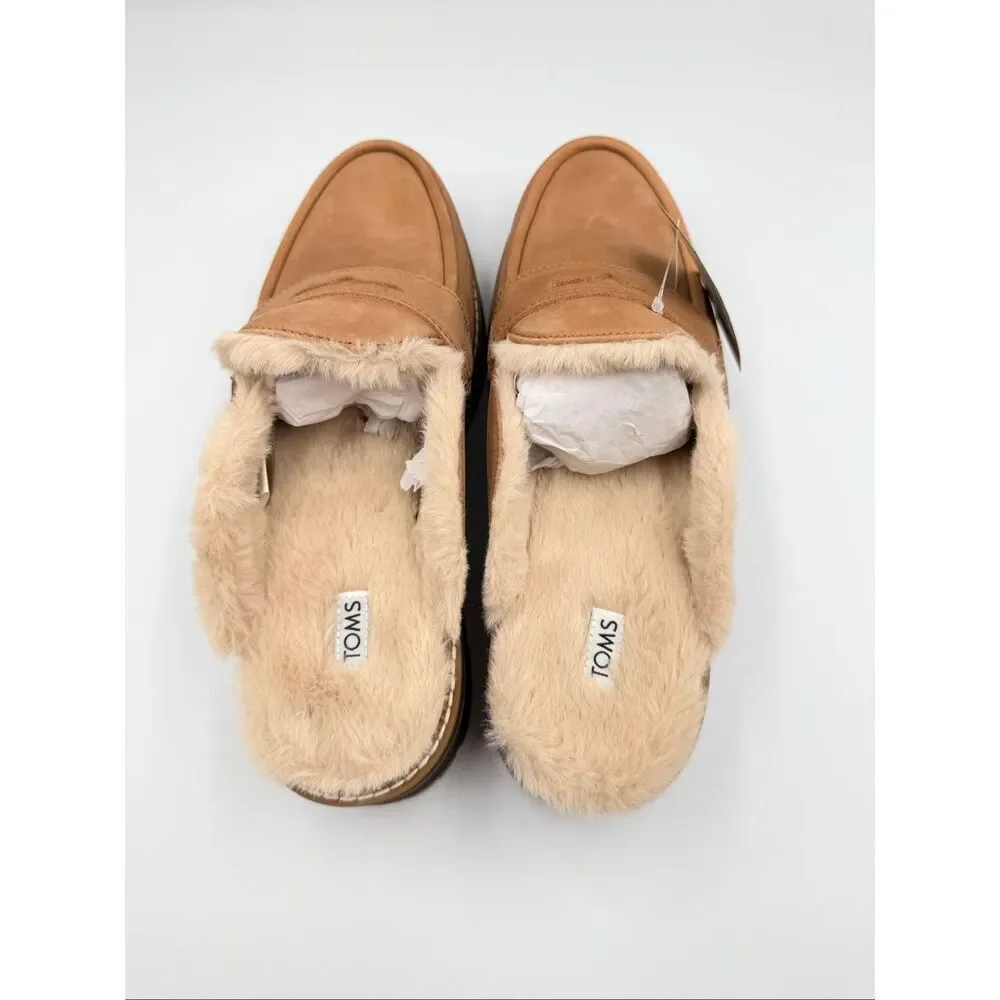 NIB TOMS Women's Cara Cozy Fur Lined Lug Sole Tan Suede Loafer Mule size 8.5